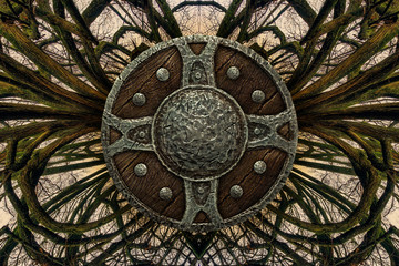 poster, celtic, forging, shield, tree