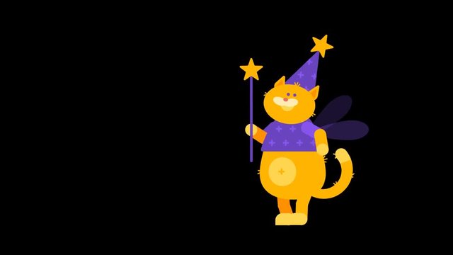 Cat Magician Holds Magic Wand Walking and Flying. Character Animation.