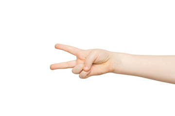 Kid hand shows number two on white background