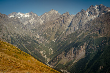 Naklejka premium The Caucasus mountains in Georgia country. Beautiful mountain landscape. Svaneti. Nature and Mountain background.