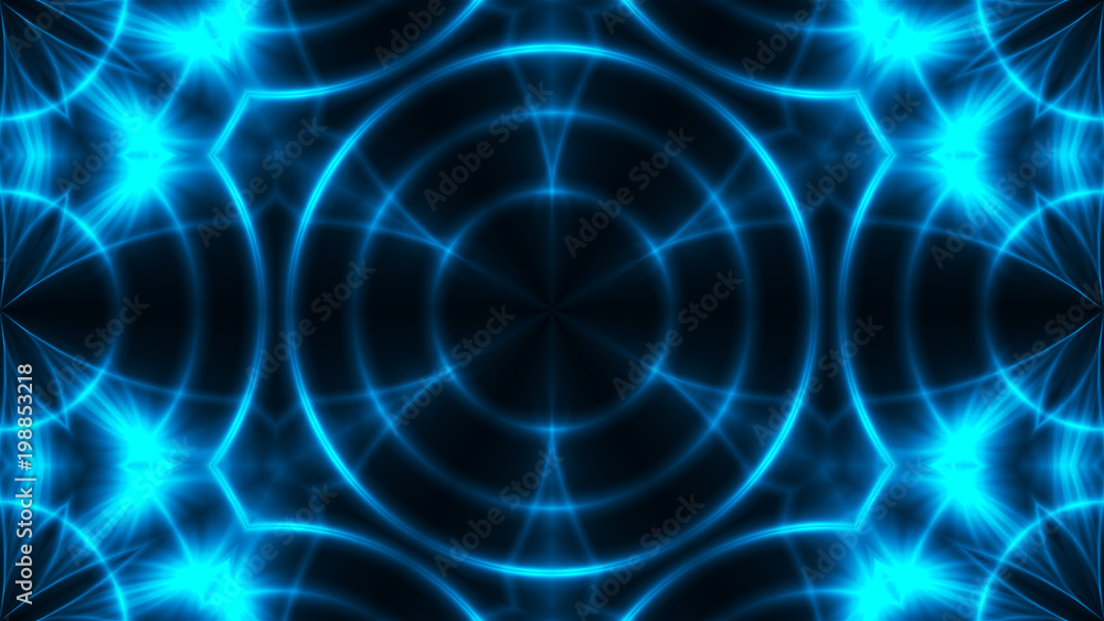 Poster Abstract background with VJ Fractal blue kaleidoscopic. 3d rendering digital backdrop.