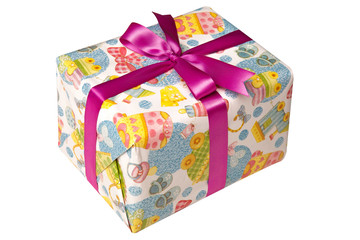 Fototapeta na wymiar Gift box in multicolor wrapping paper with purple ribbon