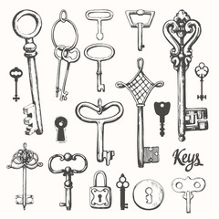 Vector set of hand-drawn antique keys. Illustration in sketch style on white background. Old design
