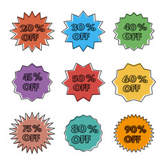 Bright cartoon labels, vector illustration.