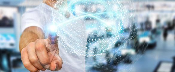 Businessman using digital network connection sphere 3D rendering