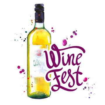 Watercolor illustration with bottle in sketch style for drink list. Poster with illustration beverages. Wine festival. Brush calligraphy illustrations for your design. Handwritten ink lettering.