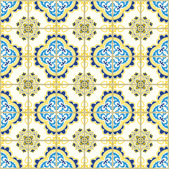 Seamless pattern with portuguese tiles. Vector illustration of Azulejo on white background. Mediterranean style. Blue and yellow design.