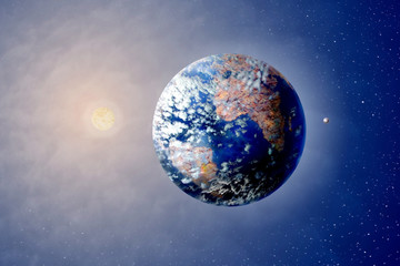 Planet Land, Sun and Moon in outer spaces