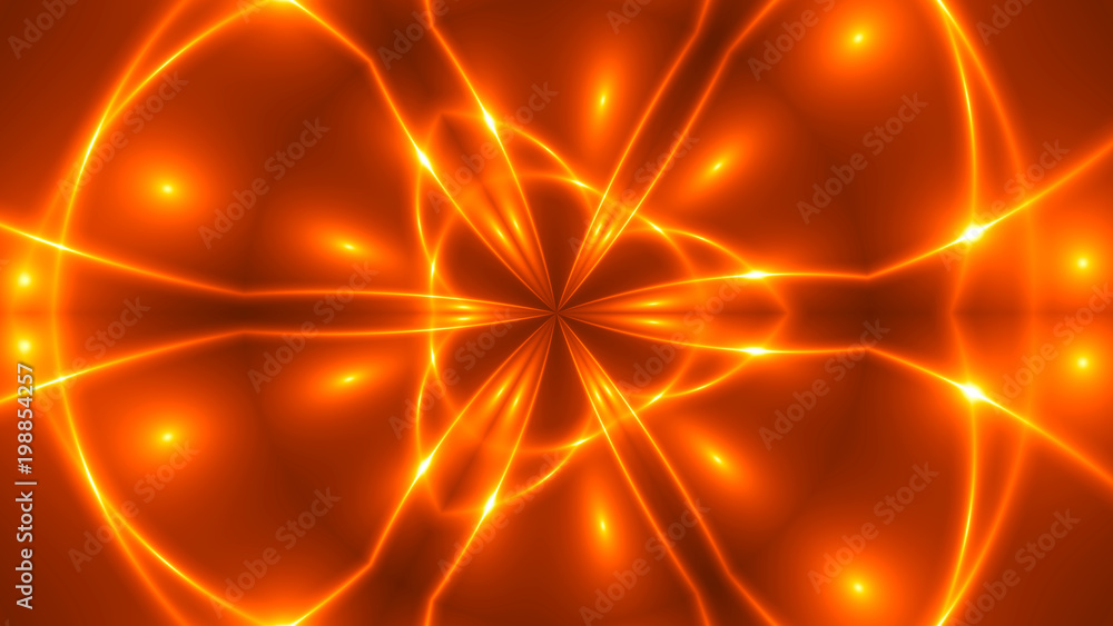 Poster Abstract background with VJ Fractal gold kaleidoscopic. 3d rendering digital backdrop.