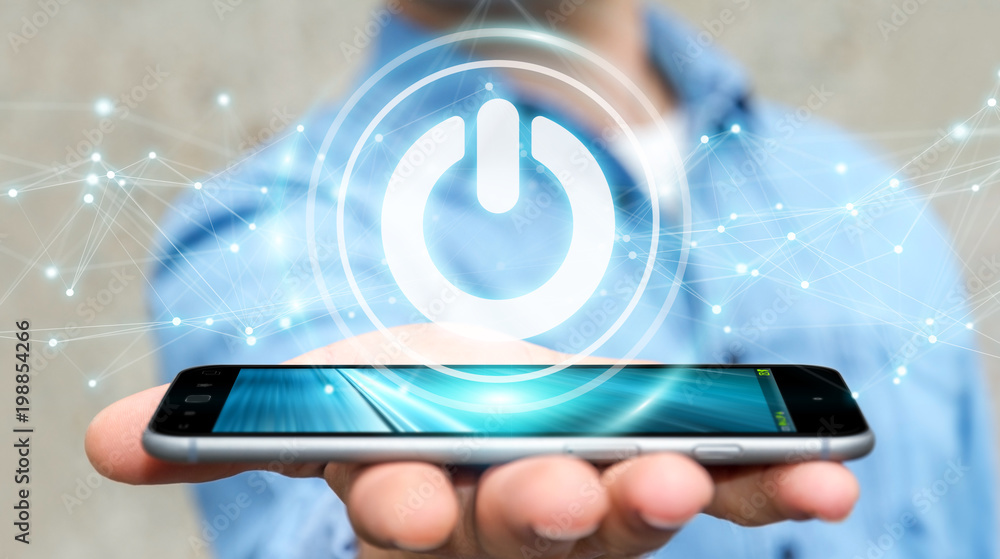 Poster businessman using 3d render power button with connections