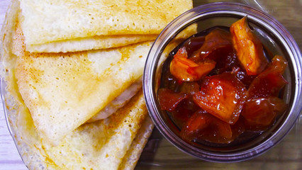 Homemade pancakes with Apple jam.