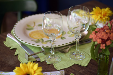 Close-up of decorated for special event table with colorful crockery dish