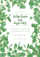 Wedding invite invitation menu card vector floral greenery design: forest Eucalyptus branches & green leaves foliage greenery frame pattern. Postcard, poster label