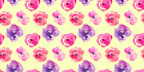 Naklejka premium Rose seamless pattern with natural watercolor illustrations of watercolor roses on the paper. Amazing for wedding card, textile, wallpapers, greetings card, web, backgrounds, labels.