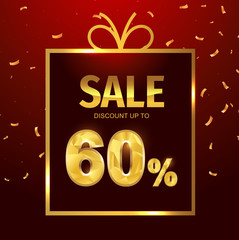 Sale discount 60 percent in gift box. Vector Low polygonal font. Special offer sale gold tag isolated vector. Discount offer price label, symbol for advertising campaign on shopping day.