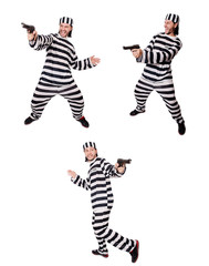 Prison inmate with gun isolated on white