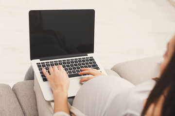 Happy pregnant woman using laptop t at home