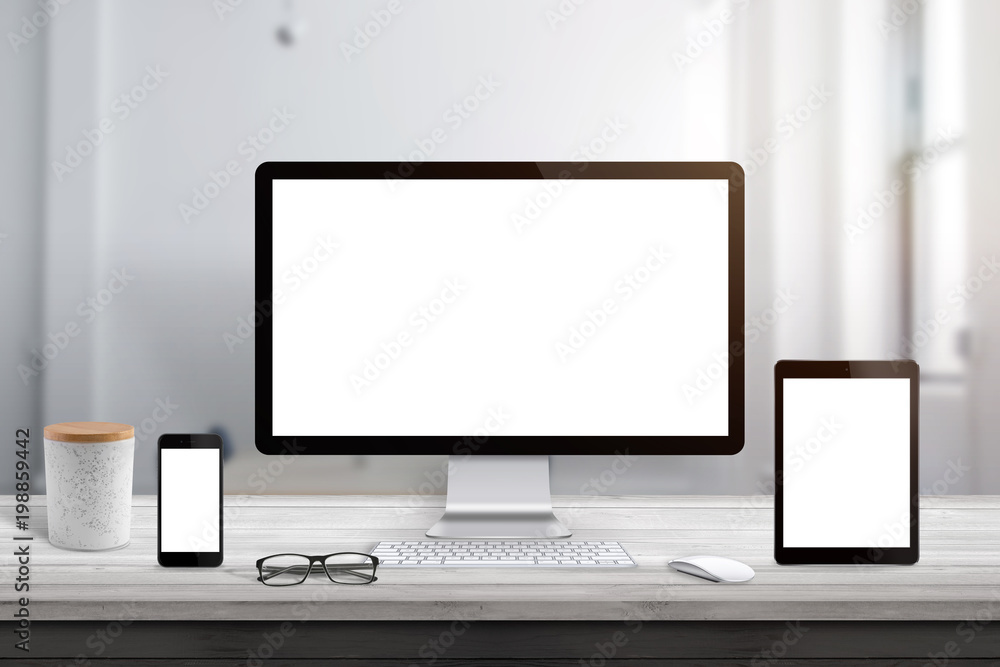 Poster Isolated computer, tablet and smart phone display scene for responsive design promotion.