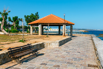 Colorful facades and architectural details of old port in Chania