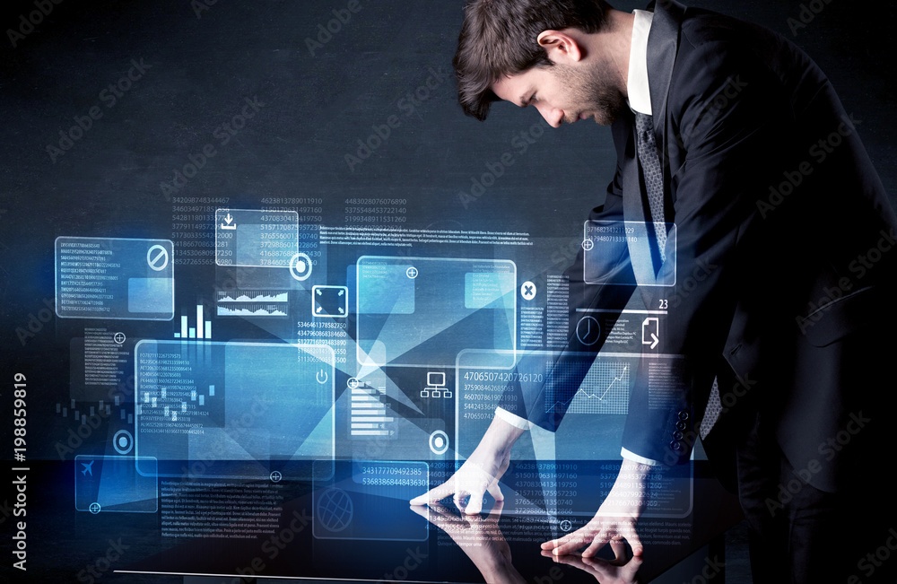 Poster Man pressing technology smart table interface with blue graphs