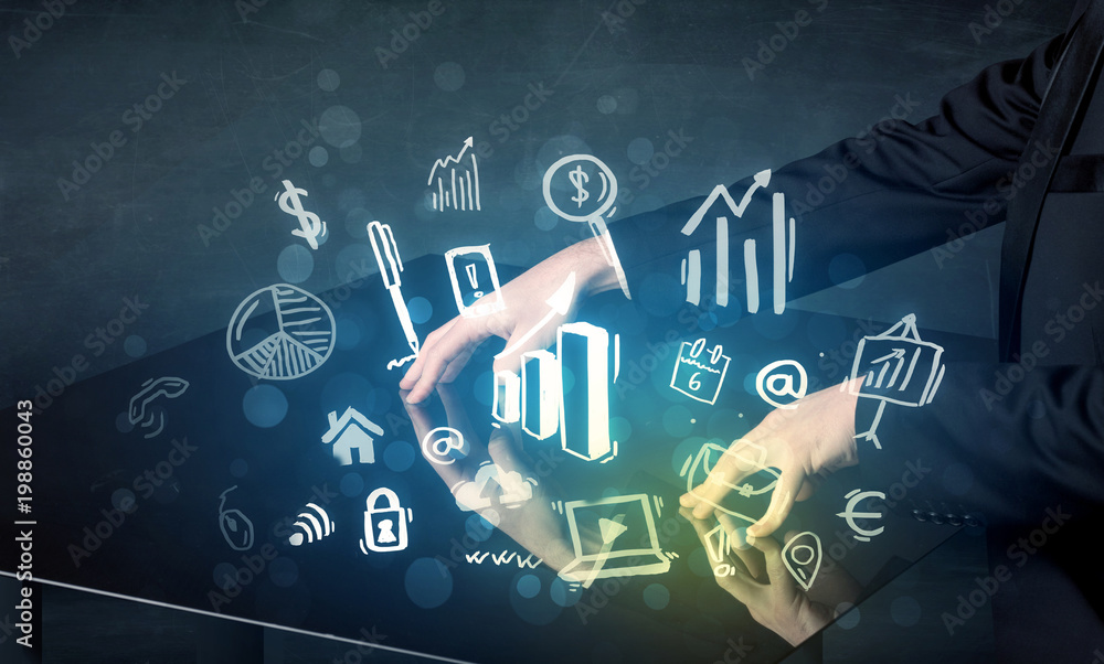 Poster Man touching technology smart table with business icons and symbols