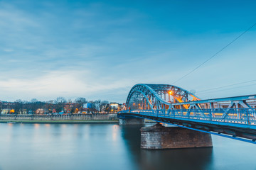 View of Pilsudzki bridge in Krakow at twilight, Poland