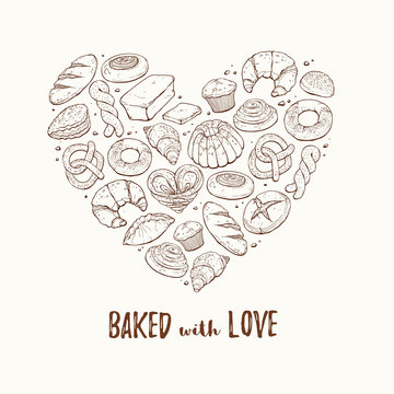 Heart shape composition from hand drawn bread in sketch style. Vector illustration for bakery shops isolated on white background. Fresh bread poster concept.