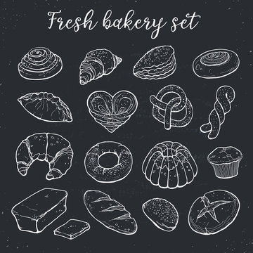 Hand drawn bread isolated on chalk board. Bakery objects vector illustration in sketch style.