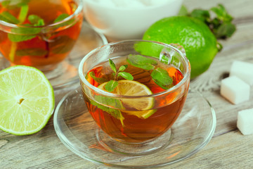 Cup of tea on wooden table