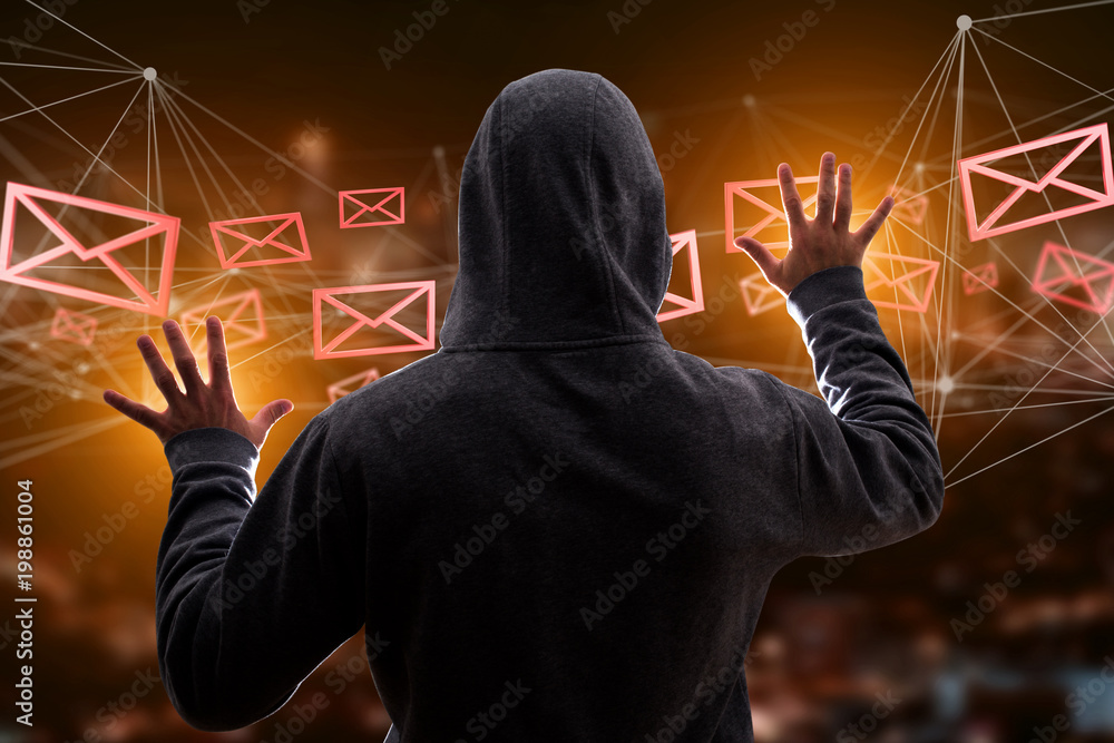 Poster hacker man in the dark using computer to hack data and information system