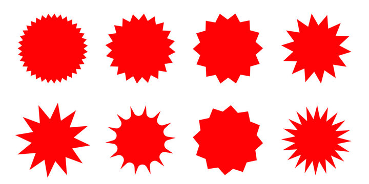 Set of red starburst, sunburst badges. Design elements - best for sale sticker, price tag, quality mark. Flat vector illustration isolated on white background.