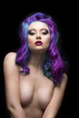 Sensual portain of beautiful dyed violet multicolour hair topless covering her big breast girl isolated on black background