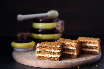 traditional honey cake, slices of honey cake with butter cream
