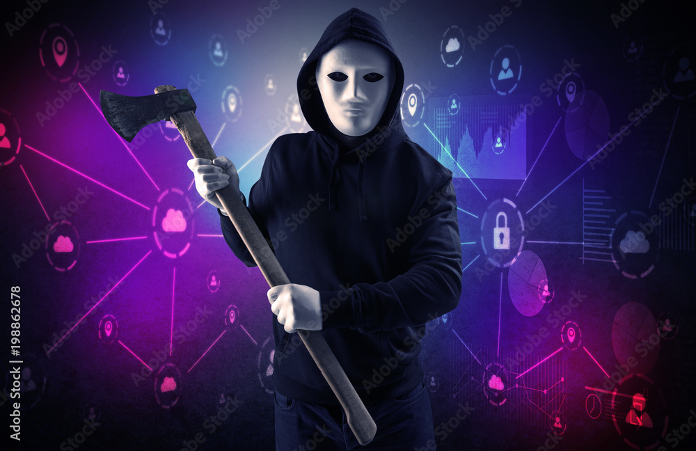 Poster armed burglar in dark secured database network cloud and report concept