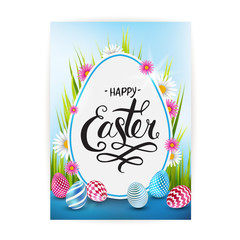 Easter sale banner background template with beautiful colorful spring flowers and eggs. Vector illustration