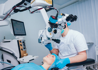 Eye surgery. A patient and surgeon in the operating room during ophthalmic surgery. Vision...