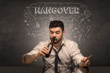 Loser drunk man with drinking, drug, hangover, alcoholic drugs concept
