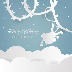 Blue paper cut greeting card with sky and monkey