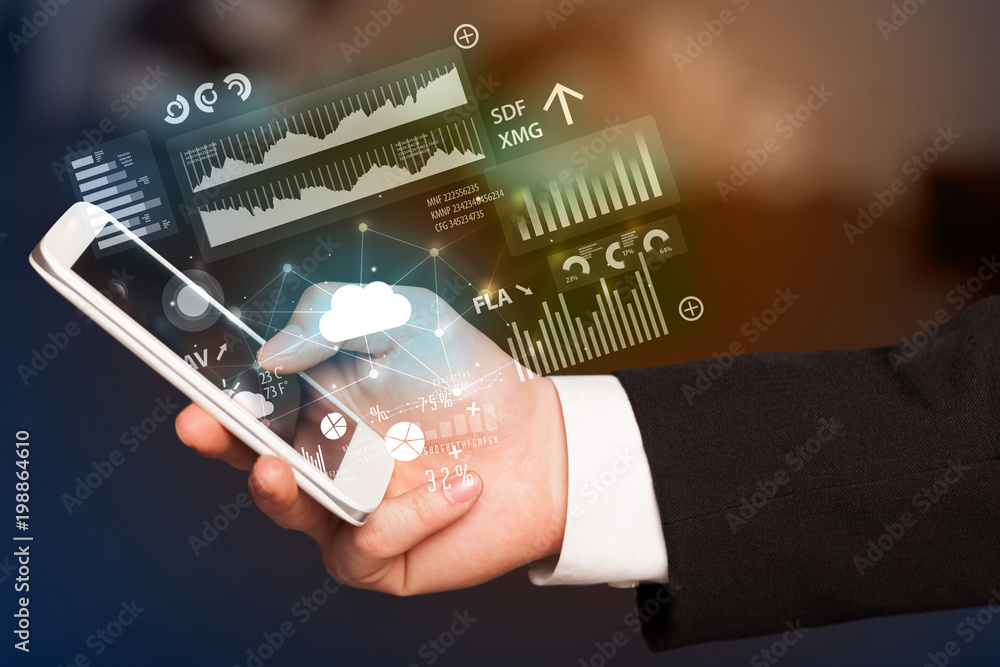 Poster hand using phone with cloud technology and linked information concept