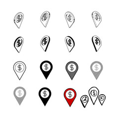 Set of vector Collection modern vector. Location Money multi type of 3d isometric, solid, line, scribble hatch, doodle, shadow isometric and a little colour on white background eps10