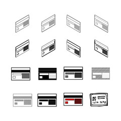 Set of Collection modern vector. Credit card icon multi type of 3d isometric, solid, line, scribble hatch, doodle, shadow isometric and a little colour on white background eps10