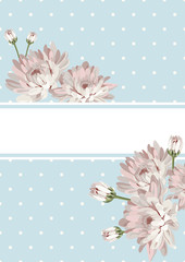 Cover or card template. Shabby chic. Flowers on blue polka dot background. Also can use for placards, banners, flyers, presentations
