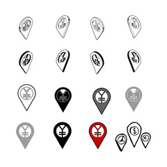Set of Collection modern vector. Location Money icon multi type of 3d isometric, solid, line, scribble hatch, doodle, shadow isometric and a little colour on white background eps10