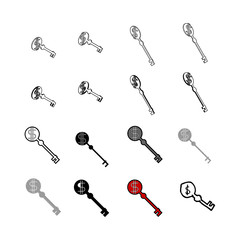 Set of Collection modern vector. Money Key icon multi type of 3d isometric, solid, line, scribble hatch, doodle, shadow isometric and a little colour on white background eps10