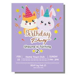 birthday party invitation card in flat style with kawaii animal