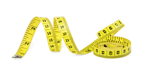 Yellow measuring tape isolated on white background.