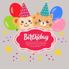 flat birthday card with party with monkey and cat