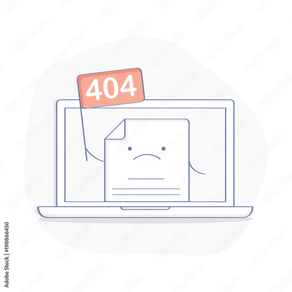 Aufkleber 404 error page concept or file not found icon. cute cartoon web page with flag 404 on laptop display