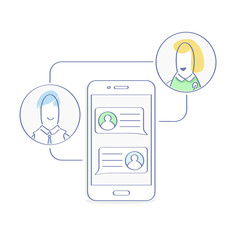 Correspondence, chatting on smartphone screen, online chat, male and female faces near mobile phone vector illustration. Mobile connection, communication, connection, speak, messaging icon vector