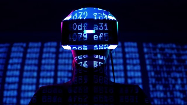 Profile portrait of young woman in VR headset with symbols and numbers projection. Virtual reality interactive helmet on brarcode matrix background